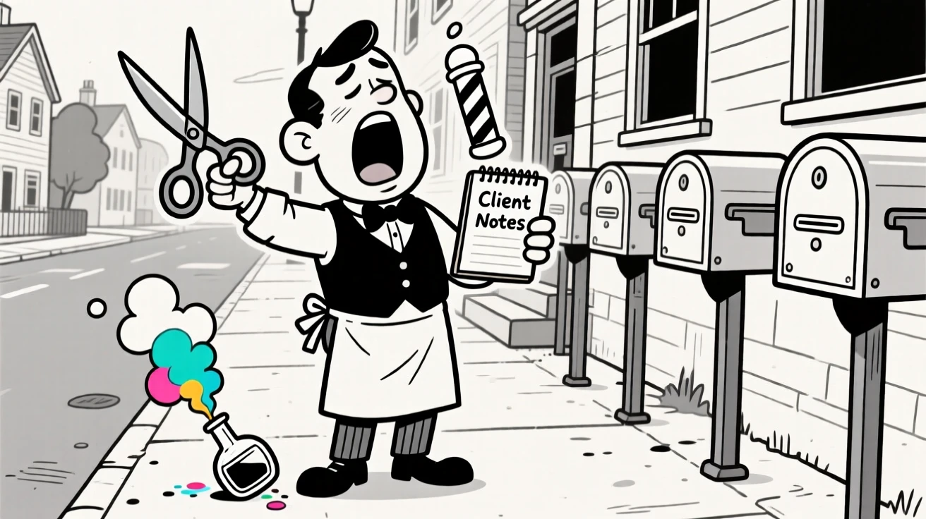 A dapper barber snipping with theatrical flair, yawning enormously while charting notes, set on a quiet suburban street lined with mailboxes. Colorful smoke puffs from an overturned flask. It feels like a warm nod to the people who keep the world running.