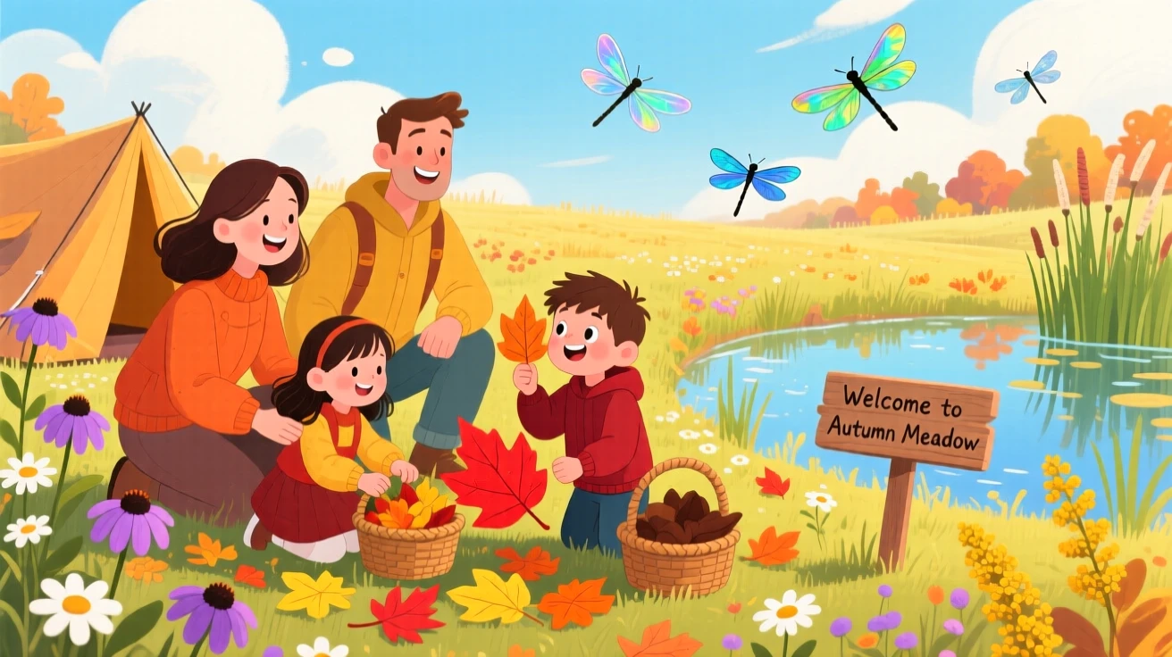In a wildflower meadow, a family of campers is collecting colorful leaves in autumn, while dragonflies dart above the water.