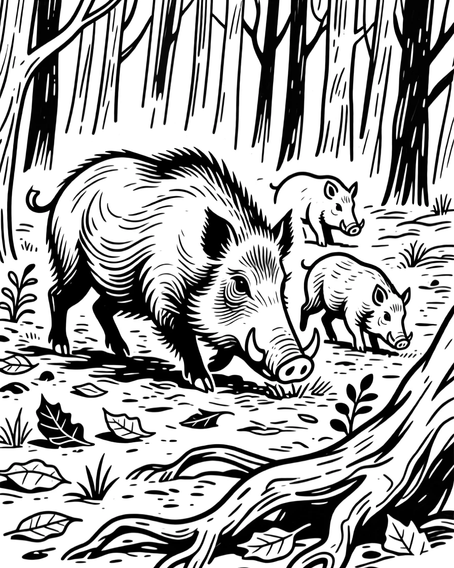 A wild boar family foraging through a dense forest floor.