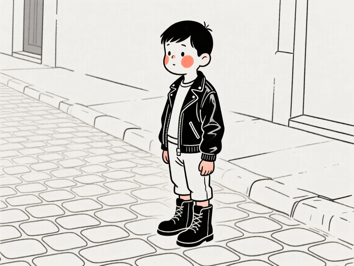 A little boy of Greek heritage in a leather jacket and boots, lost in quiet contemplation, on a quiet cobblestone street.