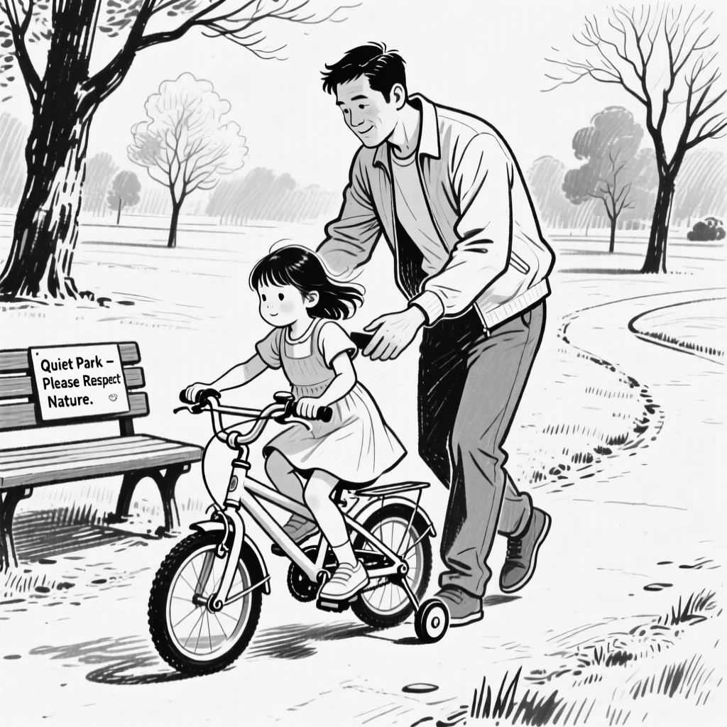 A father teaching his daughter to ride a bicycle in a quiet park.