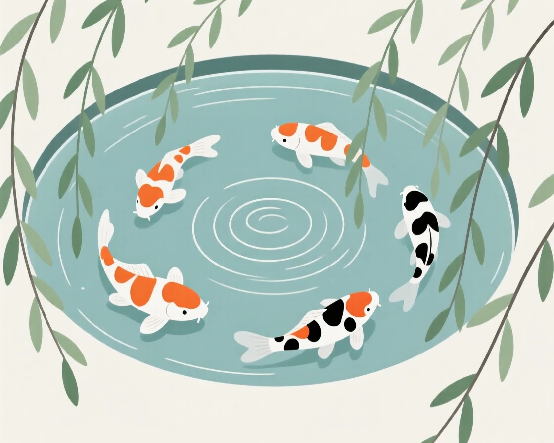 A tranquil koi pond surrounded by willow branches, with gentle ripples on the surface.