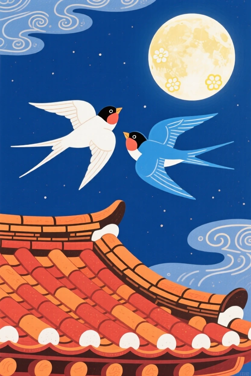 A pair of swallows gliding together on a moonlit rooftop.
