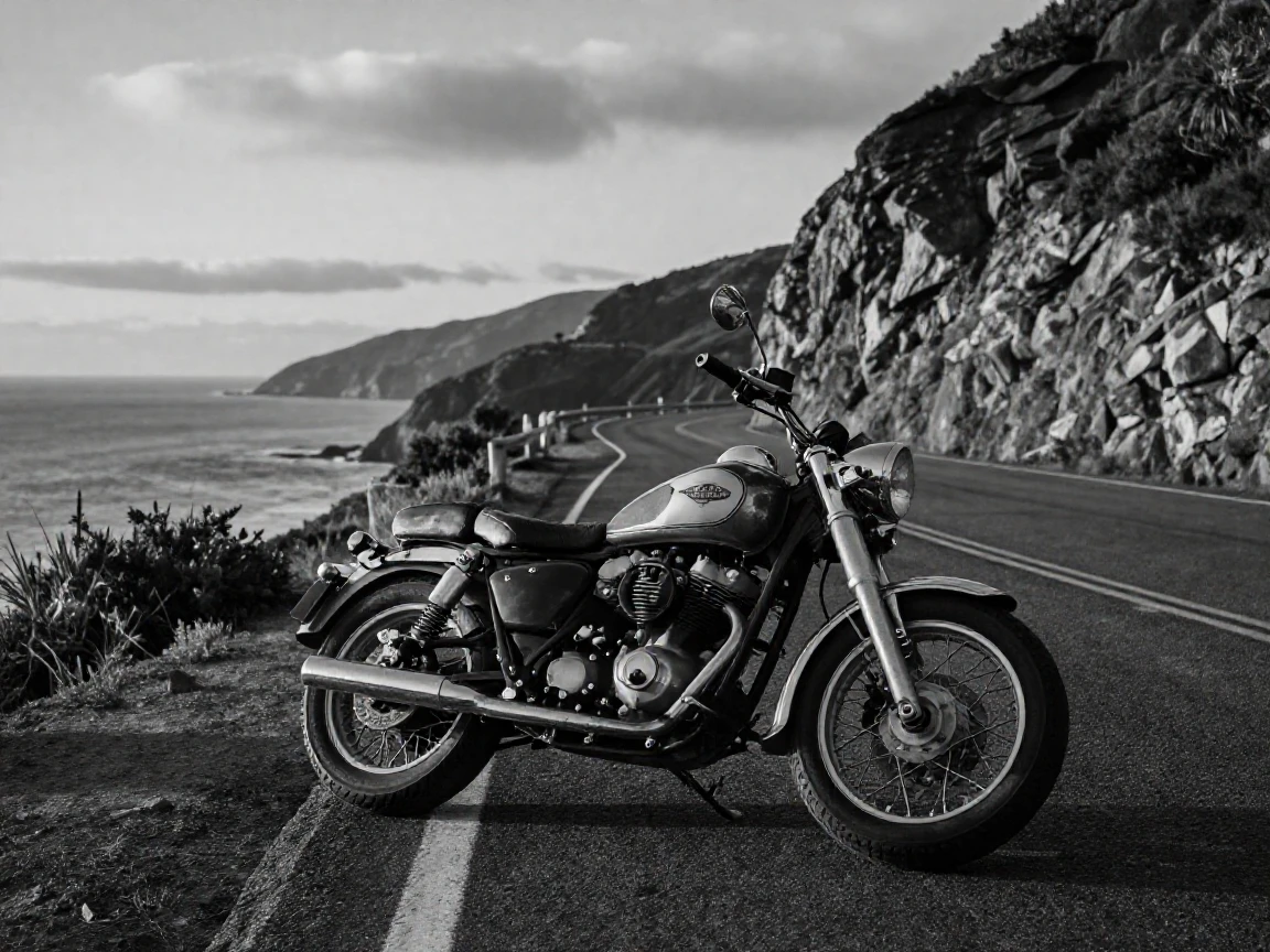 A vintage motorcycle leans into a winding mountain curve along a scenic coastal highway.