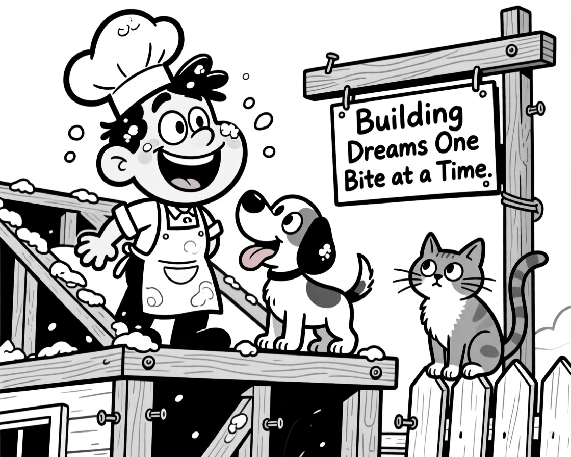 A cheerful baker dusted in flour, getting licked on the face by a grateful puppy, set on top of a half-built house frame. A curious neighborhood cat watches from a fence. It's a lighthearted tribute to a job well loved.