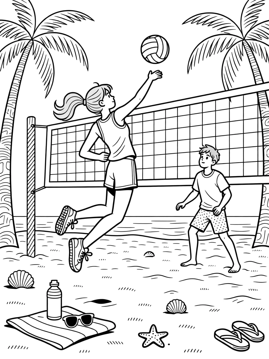A beach volleyball game frozen mid-spike, with palm trees swaying just out of frame.