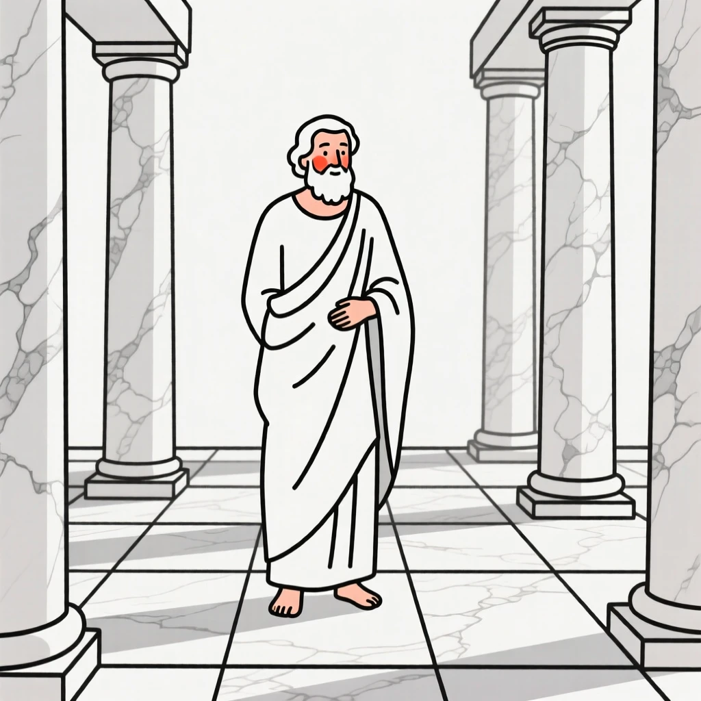 A greek philosopher in a marble courtyard, exuding gentle warmth.