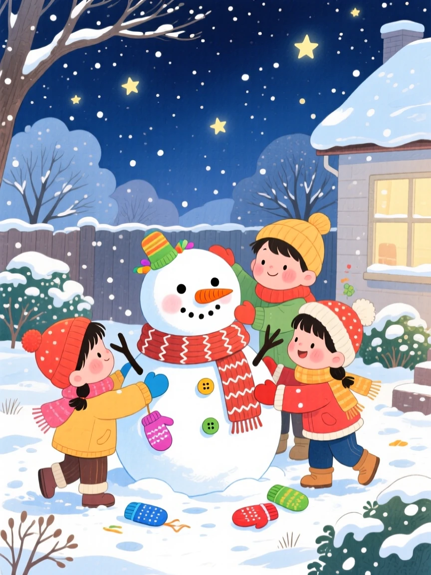 Children building a snowman with a carrot nose, in a snow-covered front yard under twinkling stars, with handmade decorations crafted with love, evoking the simple magic of winter play.