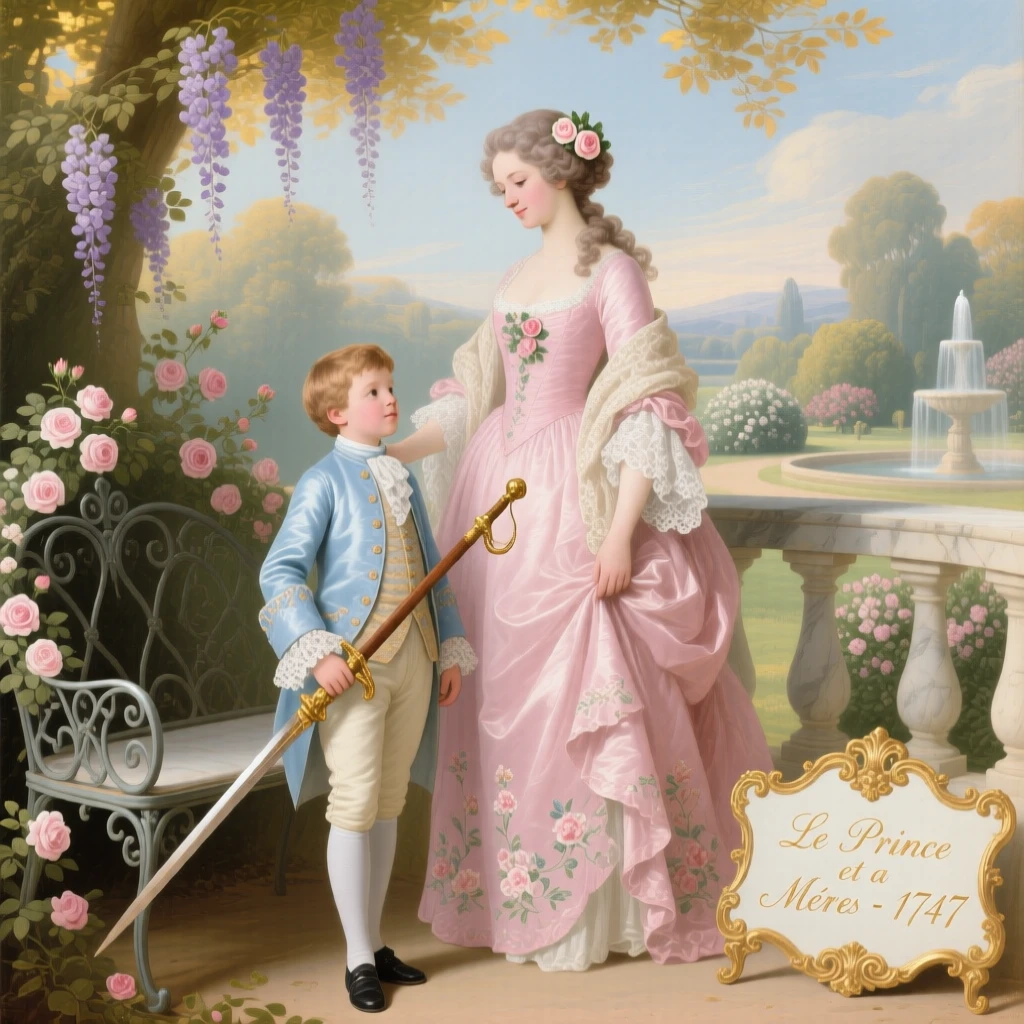 A young prince holding a miniature wooden sword beside his proud mother  