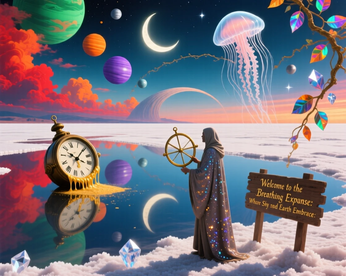 A salt flat that perfectly mirrors a sky full of drifting planets seems to breathe slowly in and out with the wind, as the horizon bends gently upward at its farthest edge.