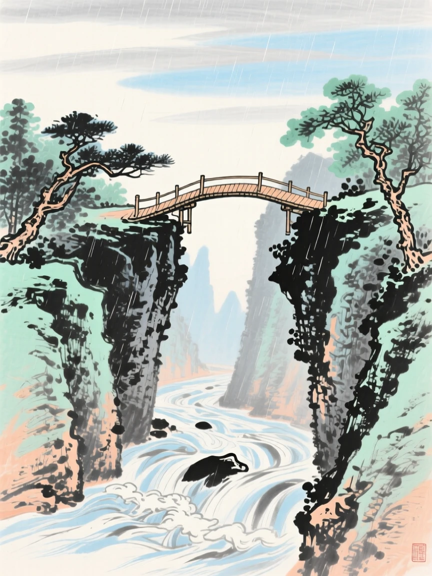 A wooden footbridge crossing a gorge high above a rushing river, in the height of summer, filled with tranquil stillness, beneath a sky washed clean by rain.