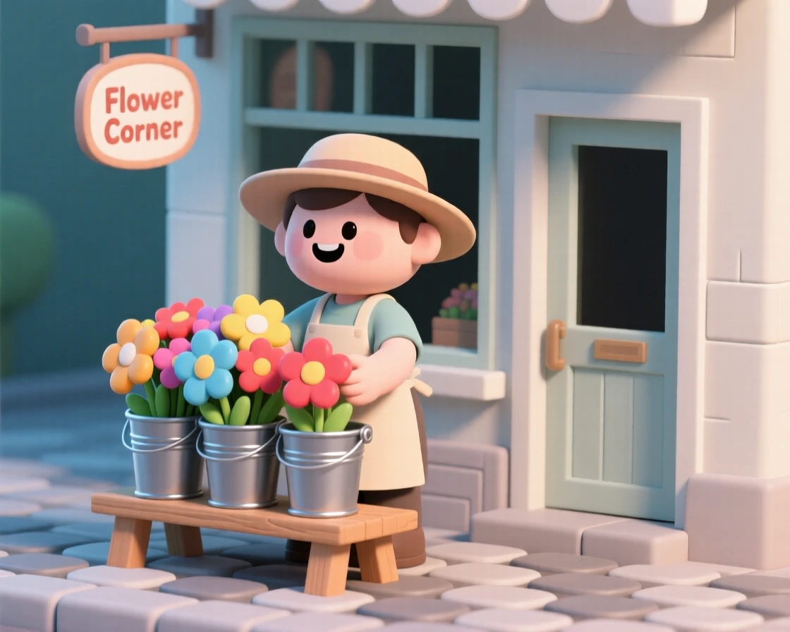 A cheerful flower seller arranges bright bouquets in tin buckets outside a charming corner shop lined with cobblestones.