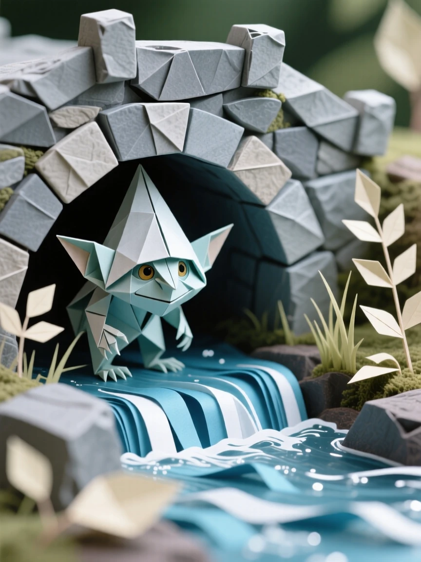 A tiny troll peeking out from beneath a stone bridge over a babbling brook.