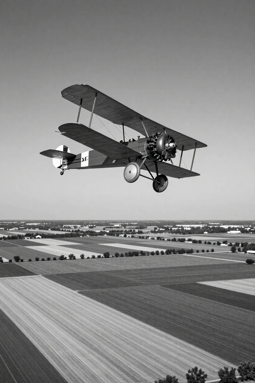 A biplane loops through a clear blue sky over a patchwork of farm fields.
