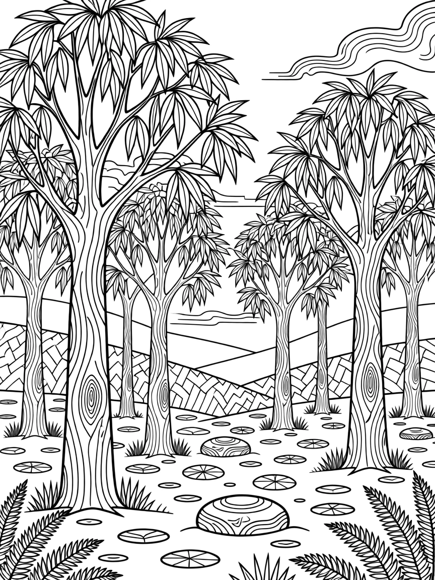 A grove of eucalyptus trees with peeling bark and silvery leaves.