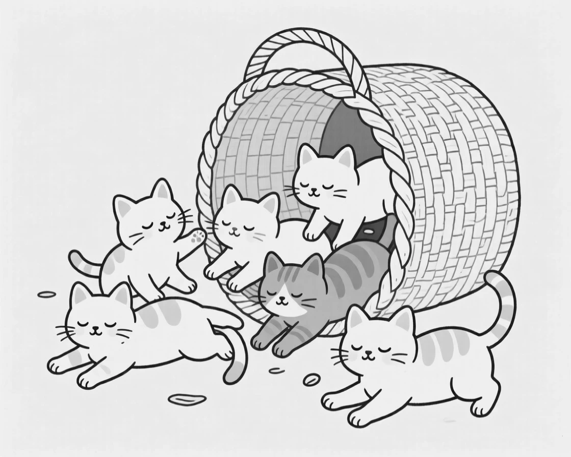 A litter of kittens tumbling out of a knitted basket