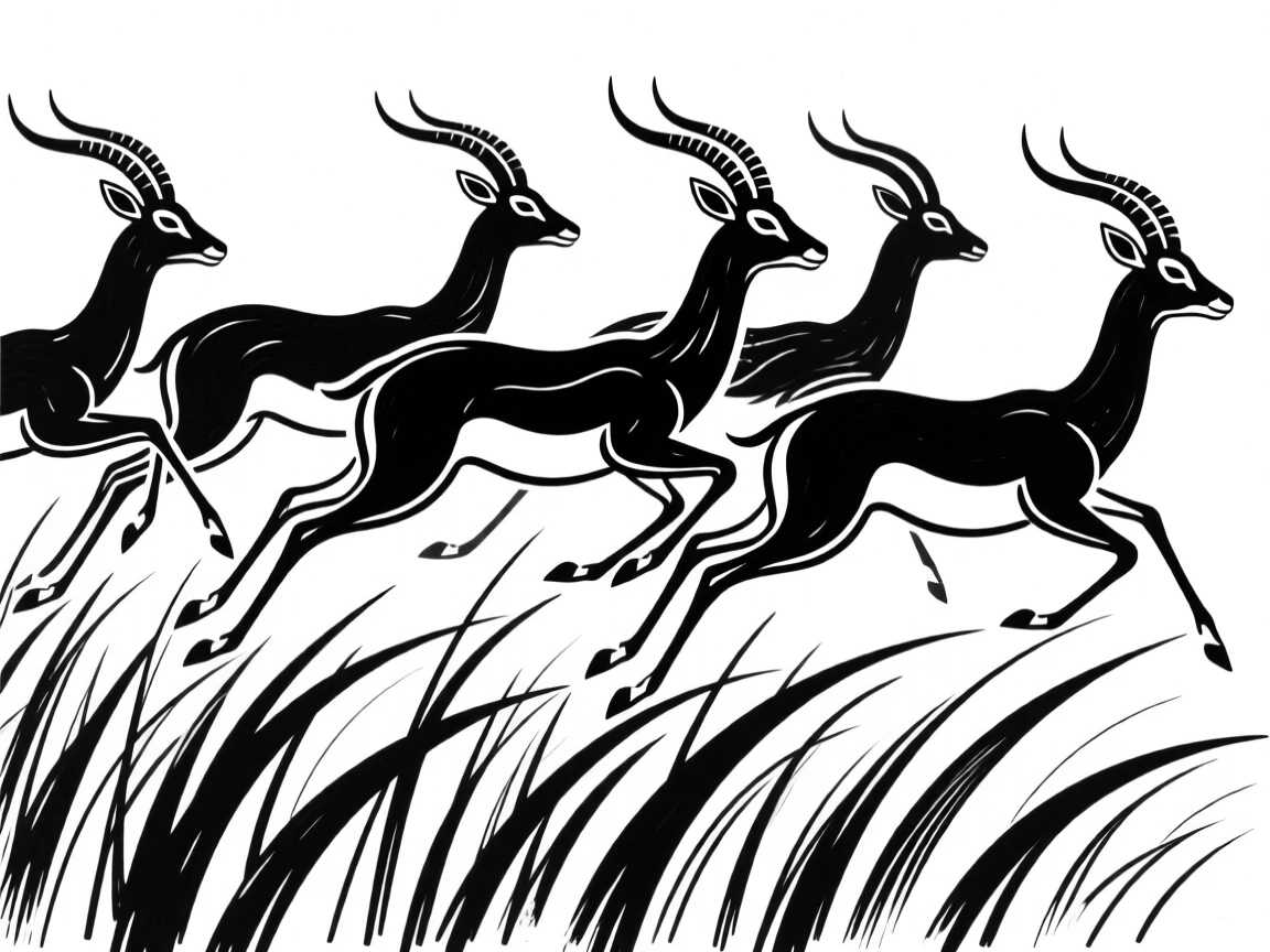 A herd of antelope leaping over tall grass in unison.