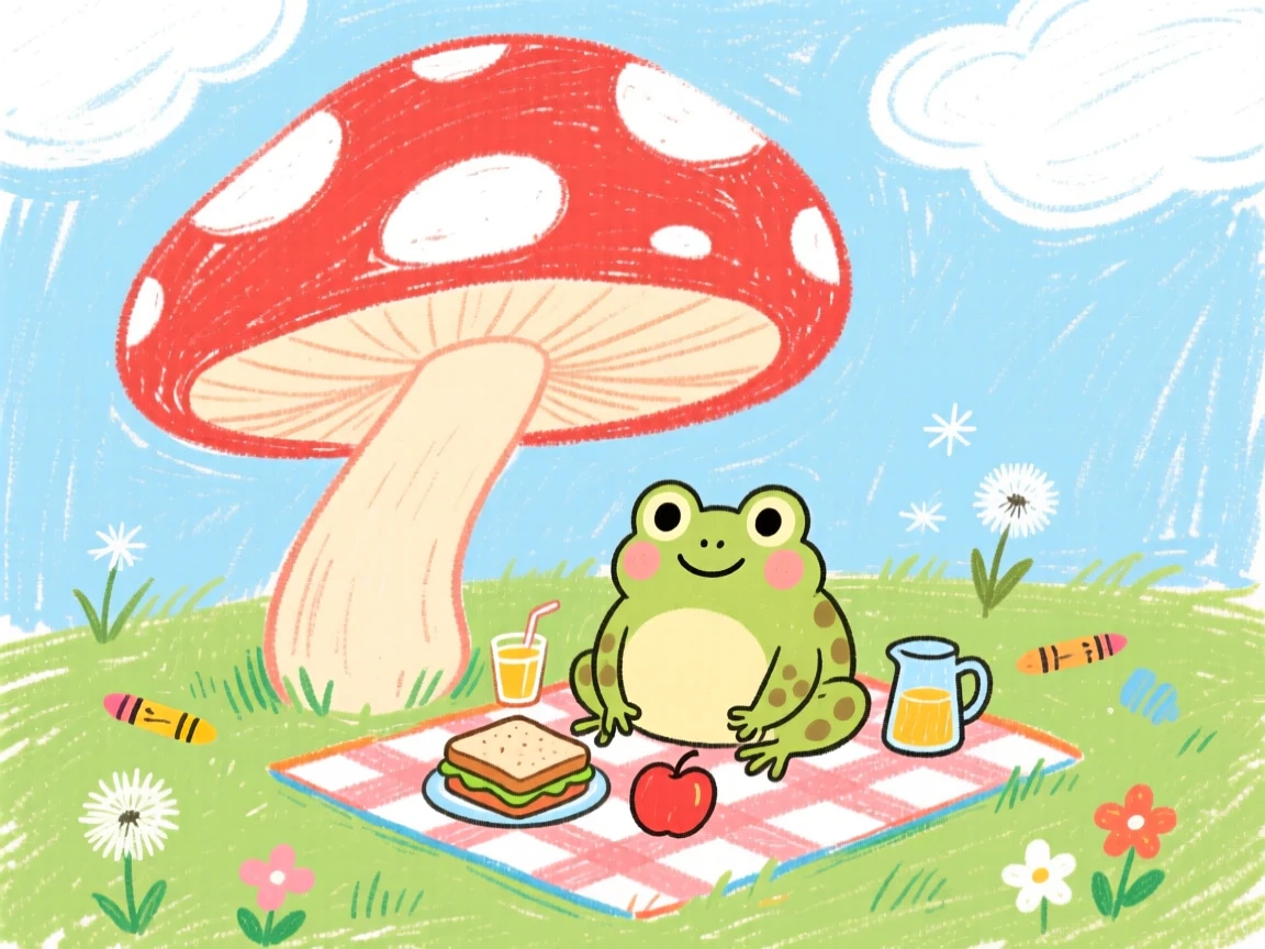 A small toad having a picnic beneath a giant mushroom.