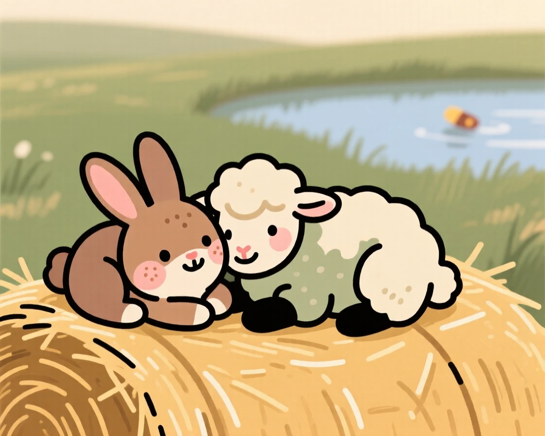 A rabbit curls up beside a sleeping lamb on a haystack, both worn out after an afternoon of playing fetch by the pond.