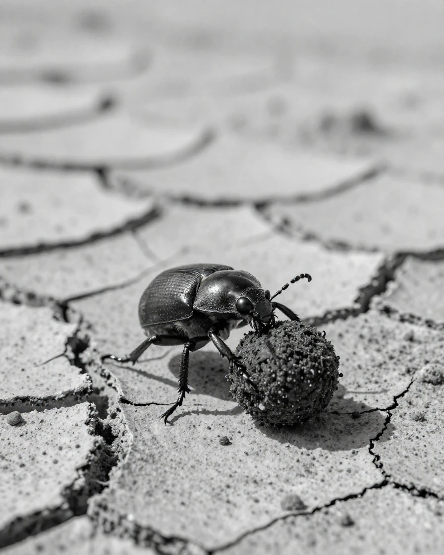 A beetle rolls a ball of dung across dry earth across cracked desert ground.