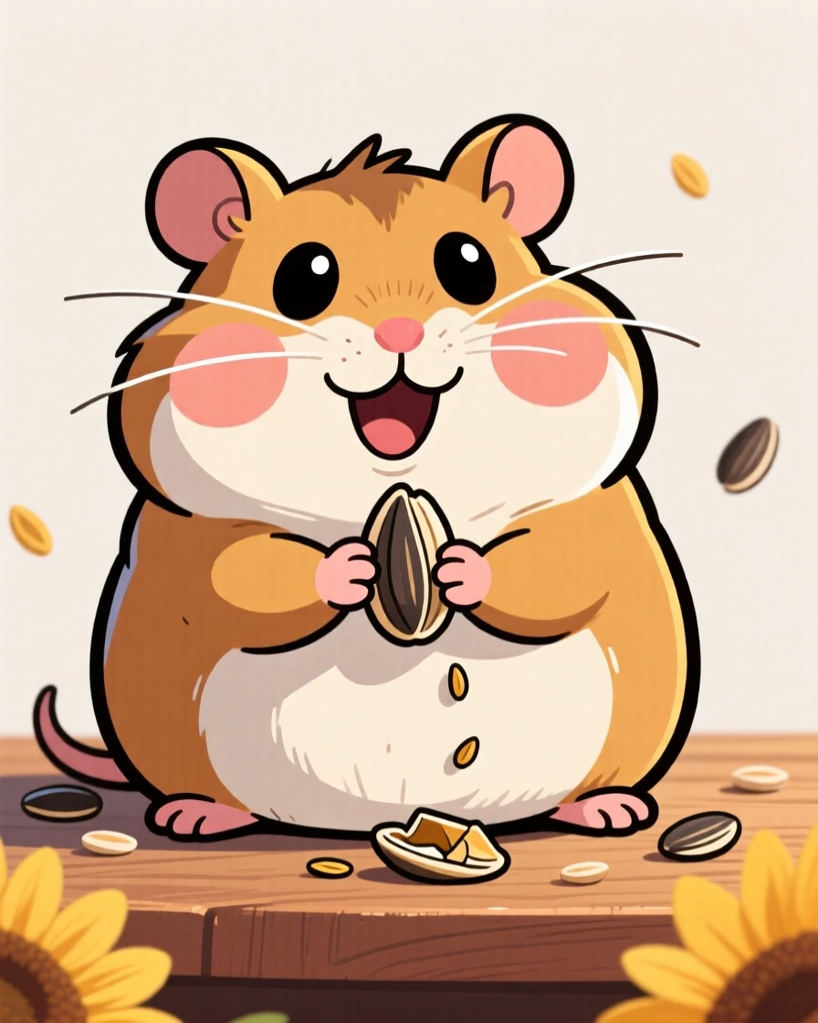 A playful pet moment featuring a fat happy hamster stuffing both cheeks with sunflower seeds, whiskers twitching.