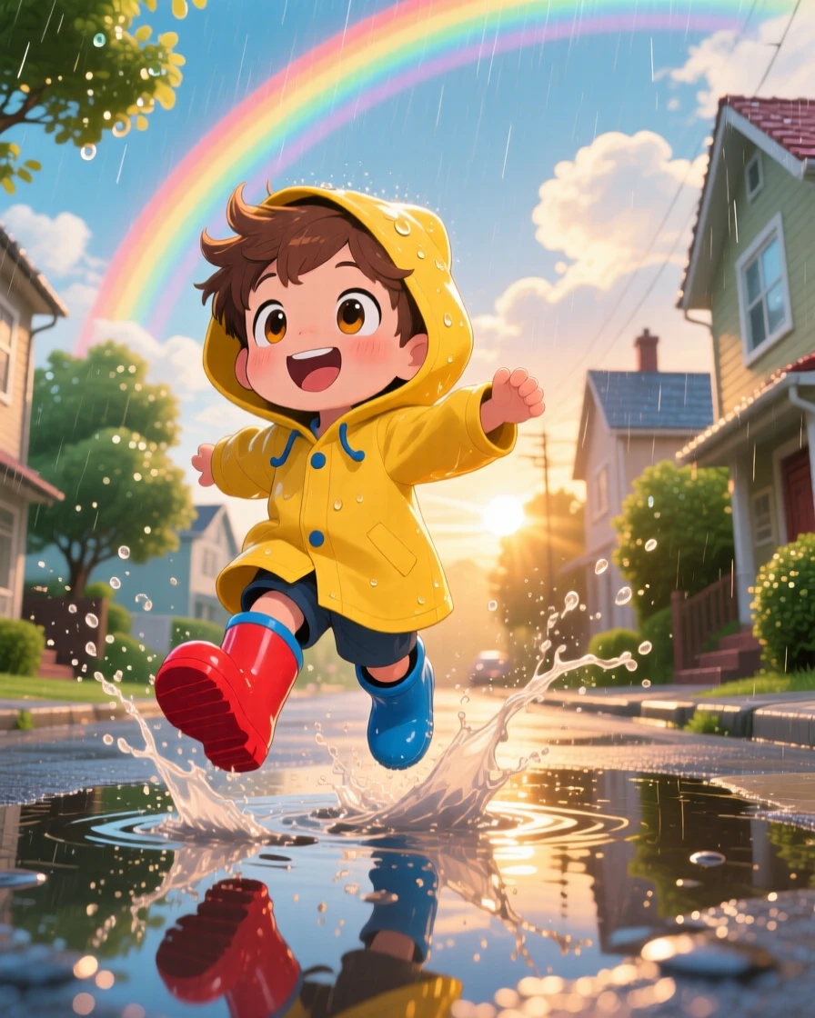 A little boy in rain boots jumping into a puddle with a joyful splash in a rain-soaked neighborhood street under a rainbow after the rain; rays of sunrise breaking through clouds washes over the scene as wide-eyed wonder fills the moment. Low-angle shot looking up.