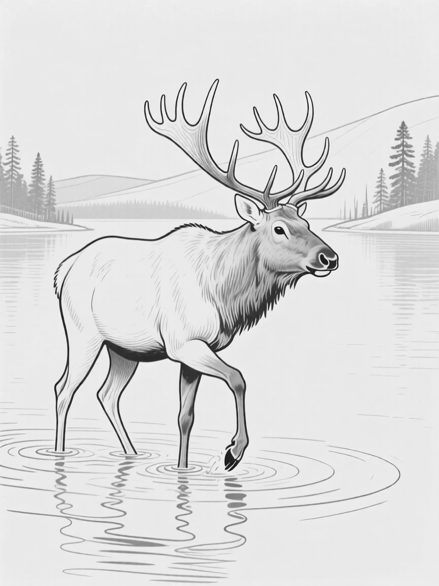 A moose wading through a shallow northern lake