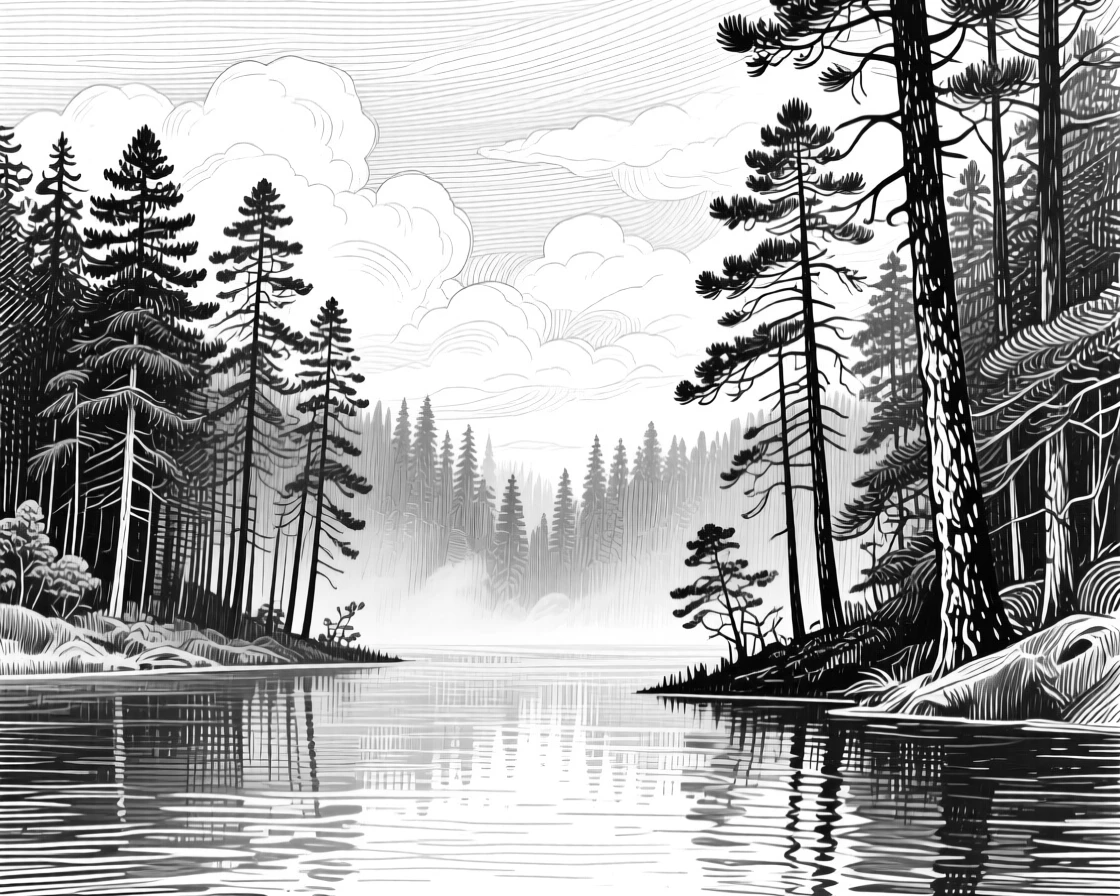 A misty pine forest beneath a sky filled with drifting clouds, with reflections shimmering on the water's surface, evoking a quietly majestic atmosphere in a wide, balanced composition.