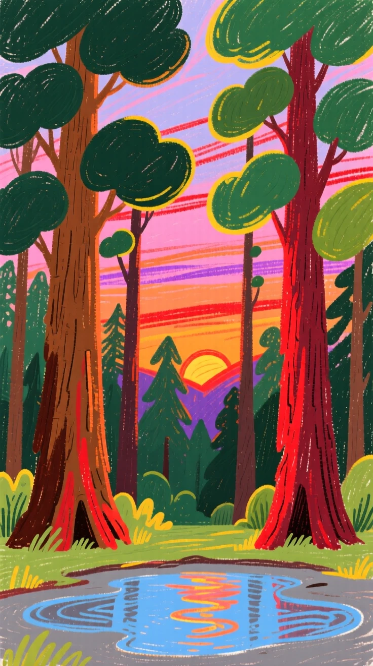 A view of a redwood grove reflecting the colors of a vivid sunset sky.