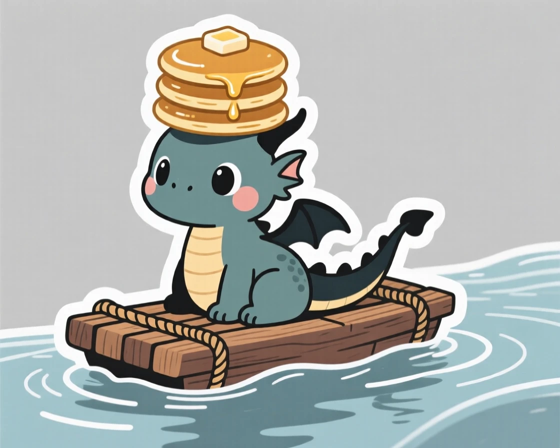 A dreamy little baby dragon balancing a stack of pancakes on its head, on a raft drifting down a gentle stream.