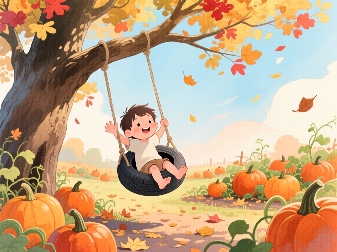 A barefoot child waving from a tire swing hanging from an old oak tree, in a pumpkin patch under a crisp autumn sky, radiating sweetness and gentle curiosity.