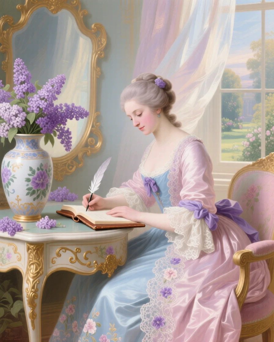 A lady writing in a journal beside a vase overflowing with lilacs  