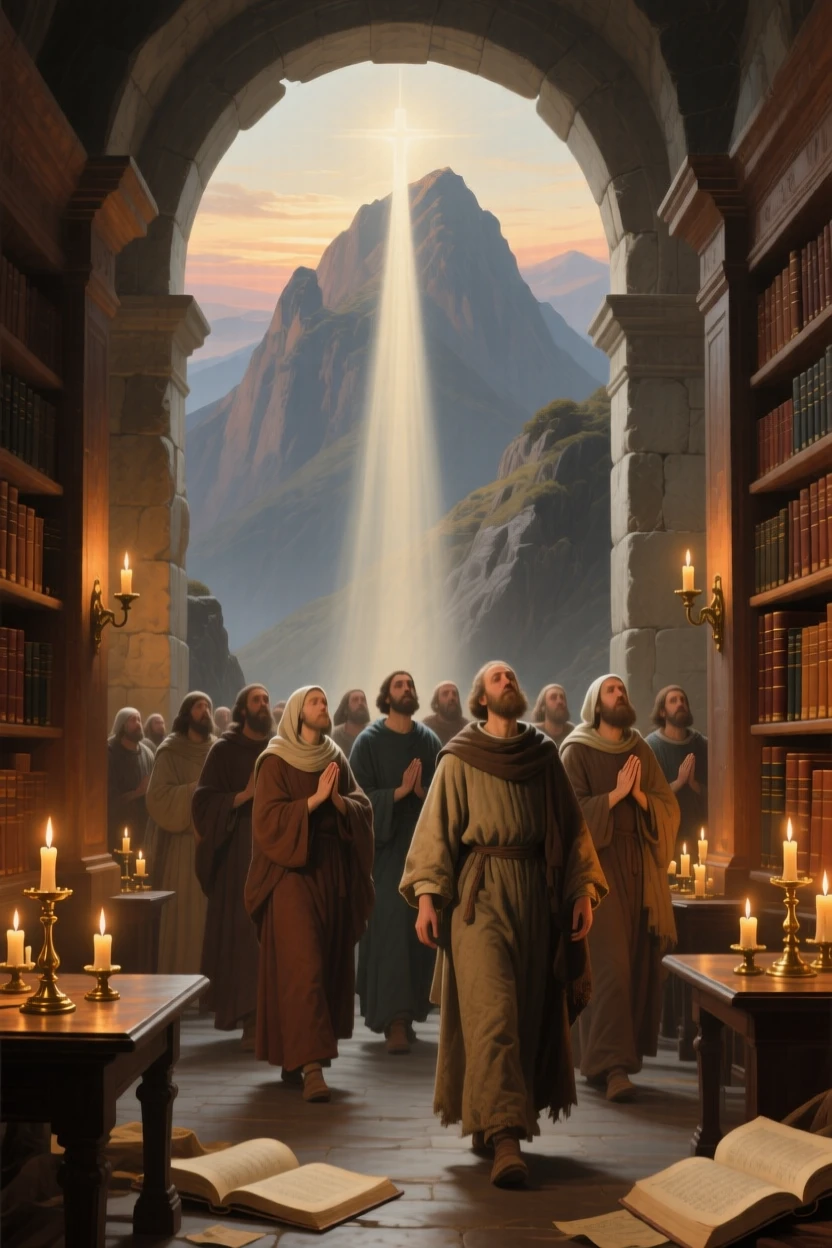A group of pilgrims arriving at a mountaintop sanctuary at dawn as light seems to answer a silent prayer, set within an ancient library devoted to timeless questions, with candles flickering steadily despite an unseen breeze; vertical light from above draws the eye toward transcendence, filled with serenity and the quiet dignity of devotion.