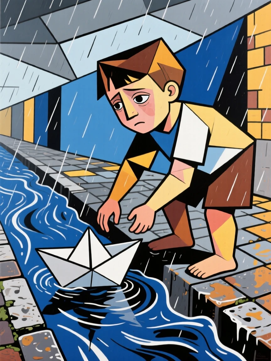 A child releasing a paper boat into a rain-swollen gutter stream.