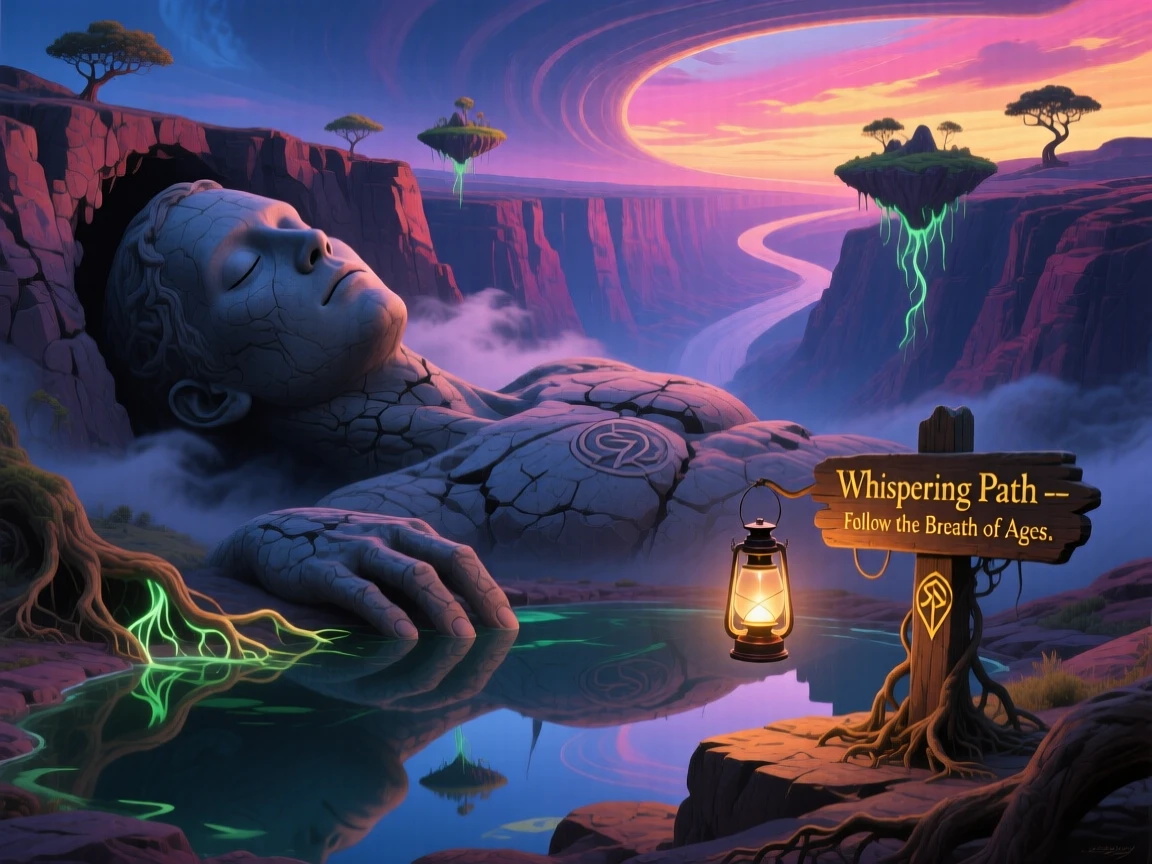 A canyon carved into the shape of a giant sleeping figure seems to breathe slowly in and out with the wind, as the horizon bends gently upward at its farthest edge.
