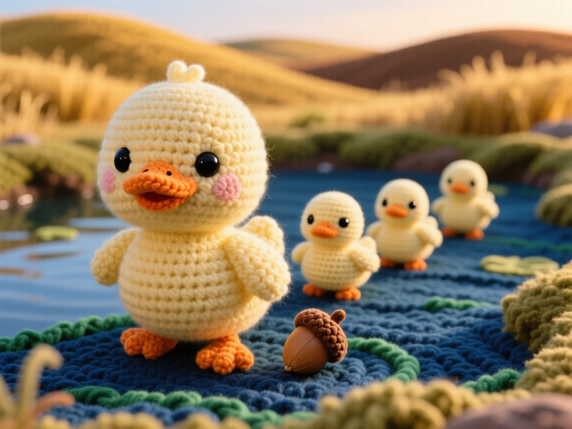 a small baby duck, wearing nothing but its own soft down, following a line of siblings across a pond, set in a rolling savanna at golden hour, with a fallen acorn resting beside its paw, evoking cheerful energy and boundless enthusiasm.