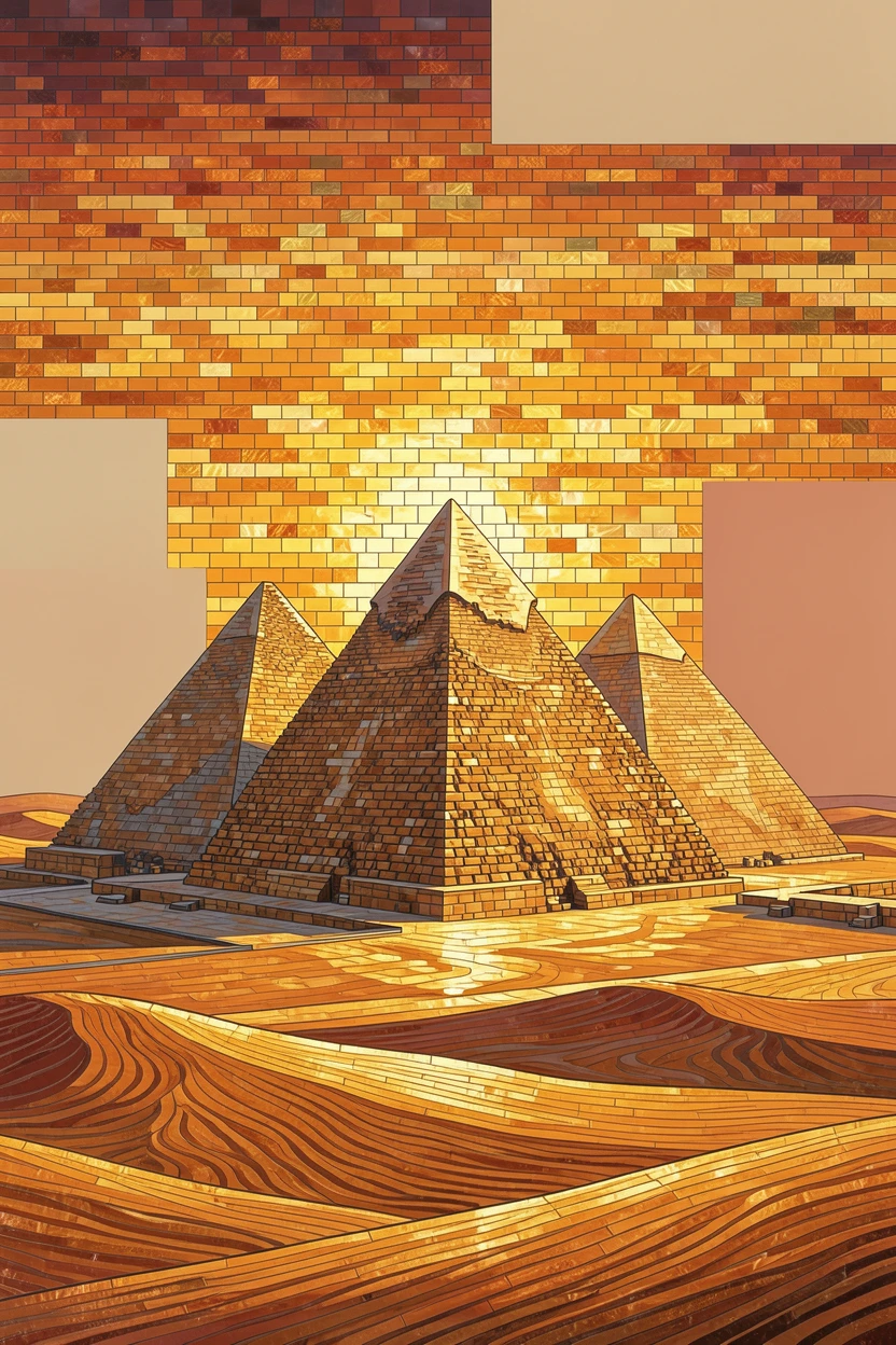 A breathtaking wide-angle view of the pyramids of Giza glowing under a golden desert sunset, with rich warm lighting and fine architectural detail.