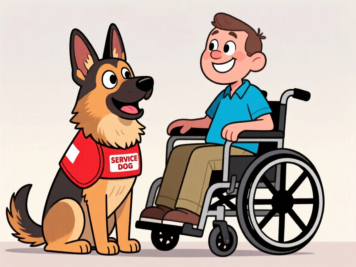 A playful pet moment featuring a loyal German shepherd wearing a service vest, sitting attentively beside its owner in a wheelchair.
