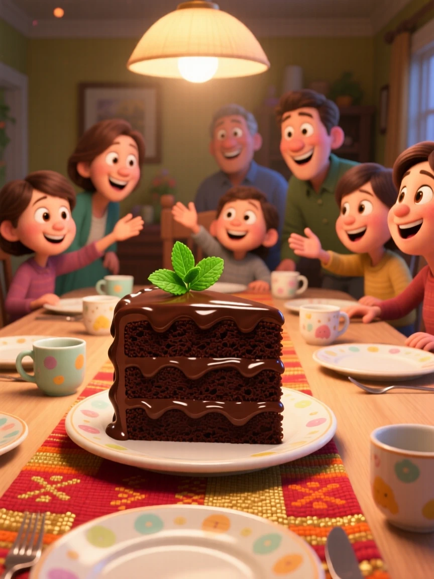 A slice of rich chocolate layer cake sits at a family dinner table set for a celebration, garnished with a sprig of fresh mint. The scene feels inviting, warm, and delicious.