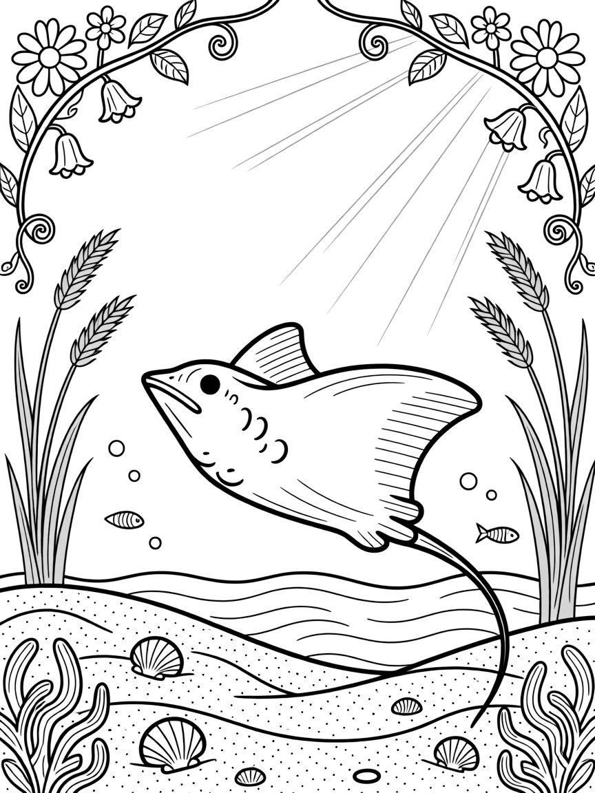 A stingray gliding over sand standing in tall golden grass at dawn, framed by hanging vines and wildflowers.