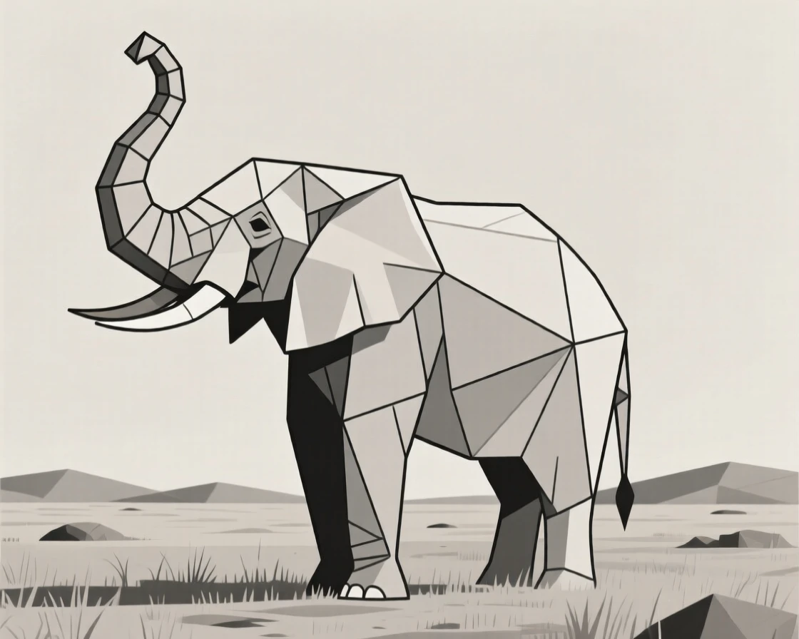 An African elephant with raised trunk in the open plains