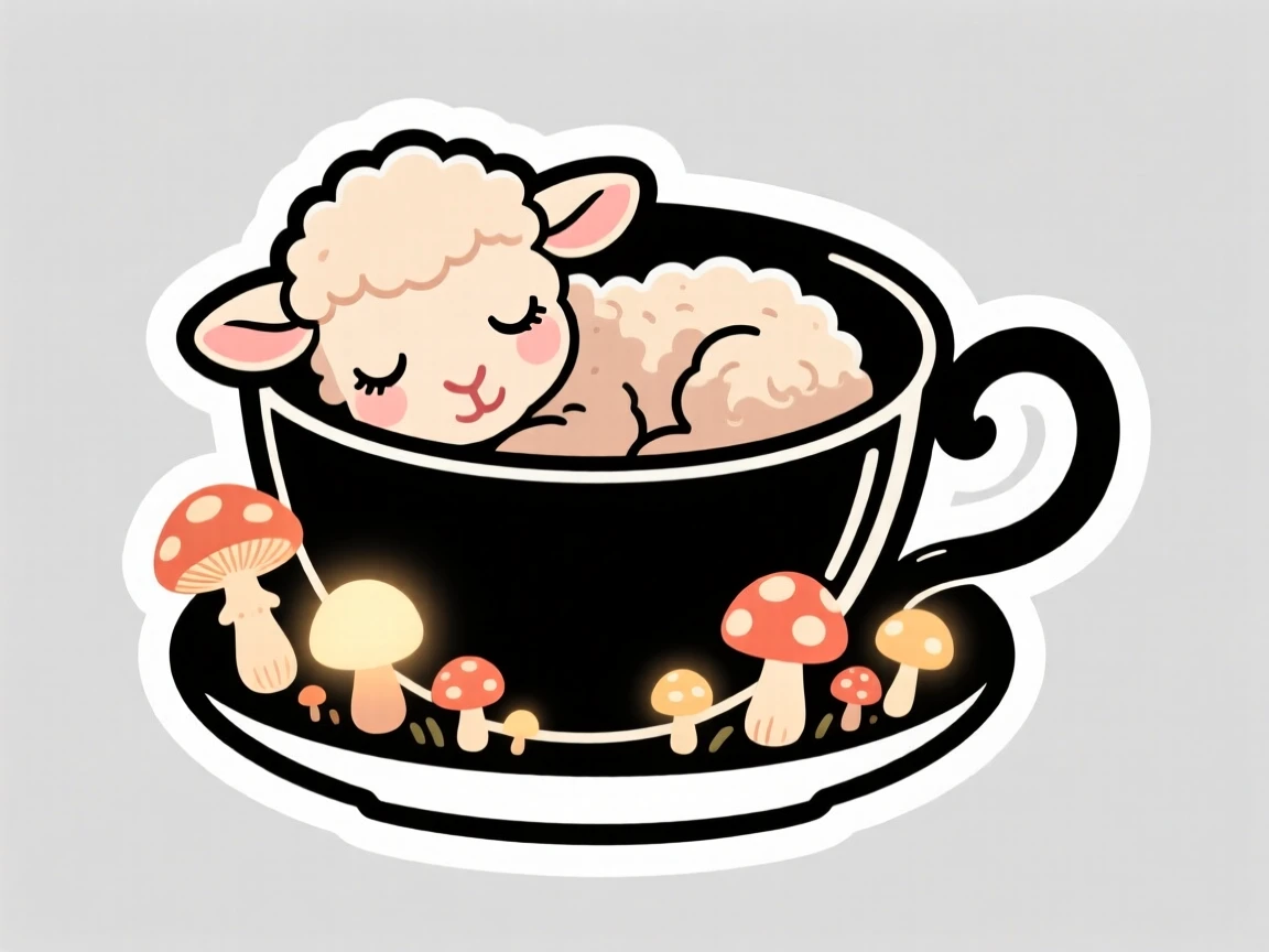 A bright-eyed baby lamb napping inside a teacup, among mushrooms glowing softly at dusk.