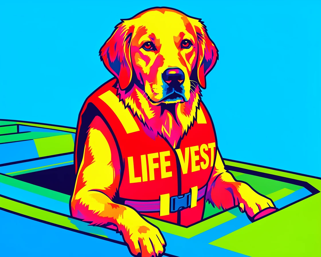 Golden retriever wearing a life vest on a boat
