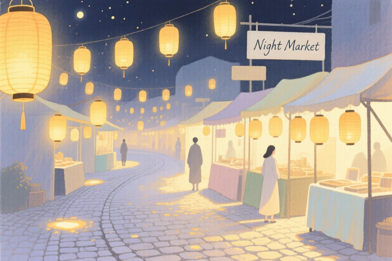 A dreamlike scene of a lantern-lit night market, where every path glimmers faintly with light, inviting quiet wonder and imagination
