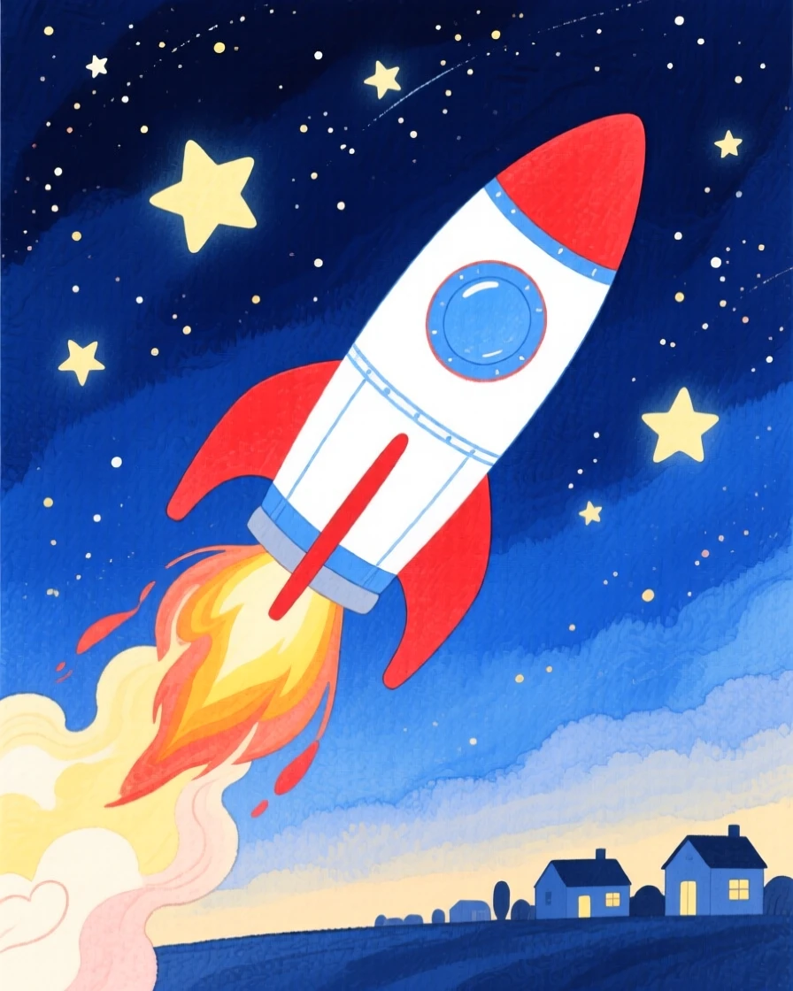 An imaginative scene of a rocket launching into a starry night sky.