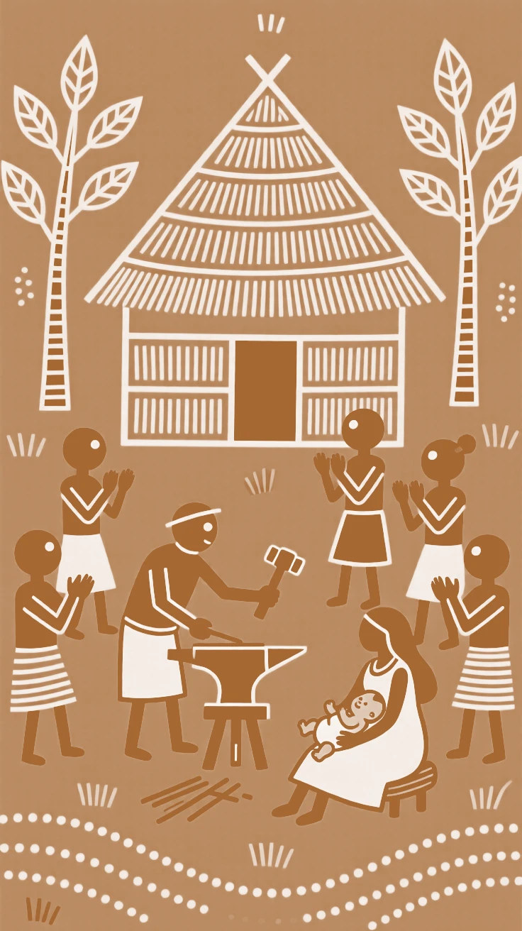 A village blacksmith gathering to bless a newborn near a thatched-roof granary.