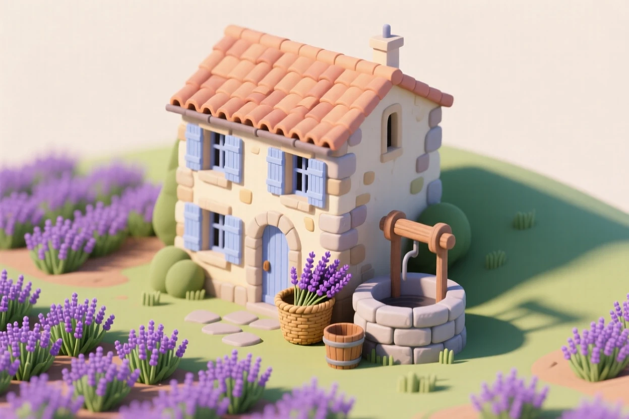 A hillside Provençal cottage surrounded by lavender fields, a stone well in the yard, shutters painted pale blue, and a basket of lavender bundles drying by the door.
