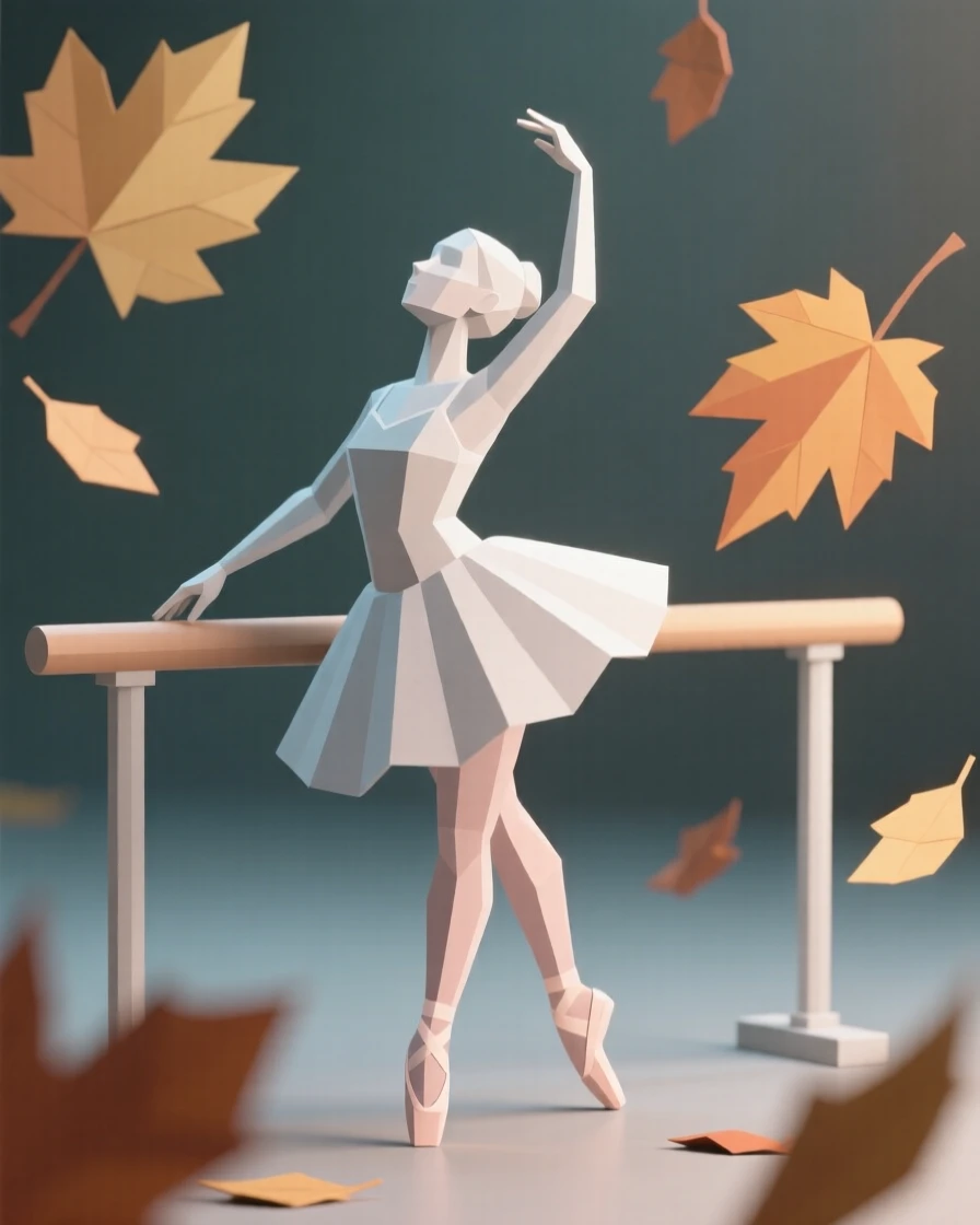 A ballerina practicing gracefully at a sunlit barre, beneath falling autumn leaves. a shallow depth of field keeps focus on the subject's face. It captures a feeling of quiet triumph.