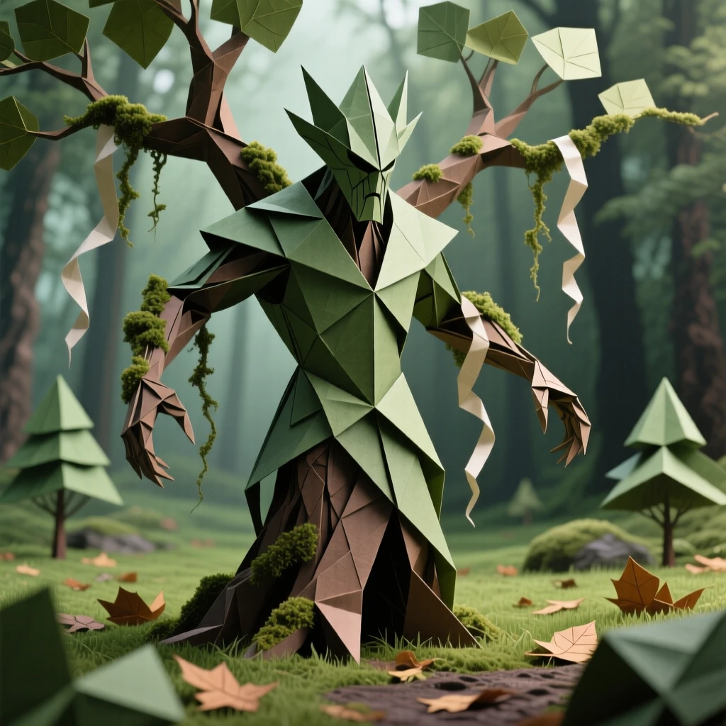 An ancient tree ent standing watch over a quiet forest clearing, moss draping from its branch-like arms.