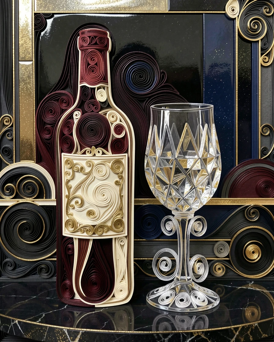 A sophisticated luxury scene of a bottle of vintage wine beside a crystal glass in a sophisticated penthouse suite, with a subtle metallic gold shimmer, composed with glossy reflective surfaces throughout.